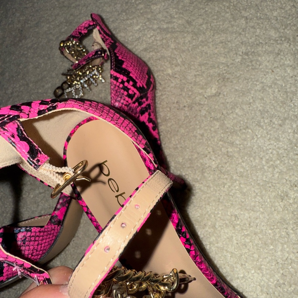 bebe Hot Pink Snake Print Pointed Toe Heels with Gold Chain - Picture 4 of 6